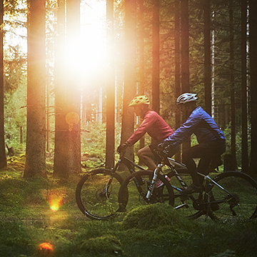 Cyklister i skogen. Länk till www.vastrasmaland.se